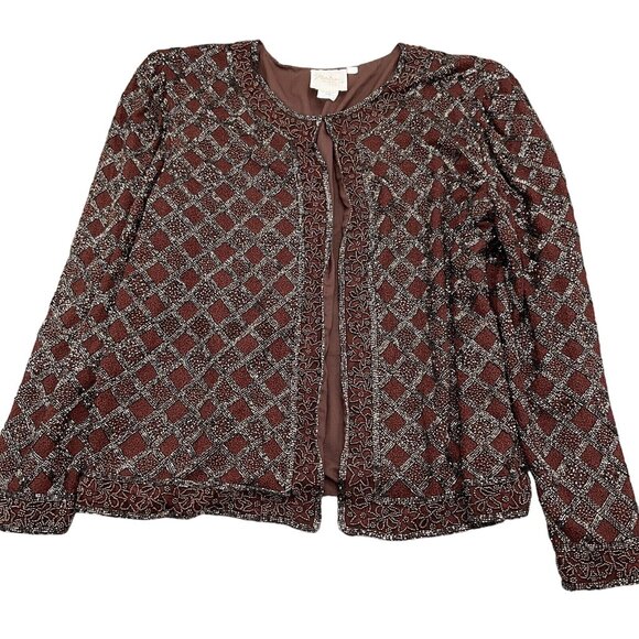 Patrice Designs Jacket Women Large Brown Metallic Allover Embellish Silk USA VTG - Picture 1 of 11